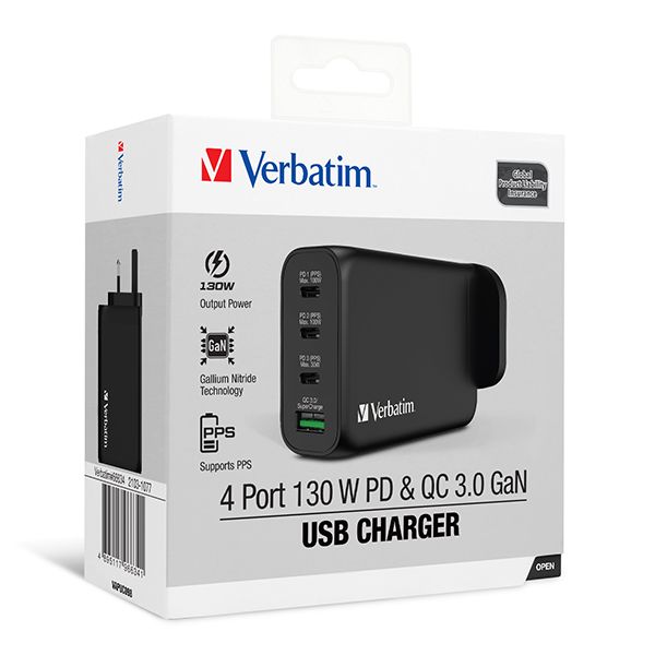 Verbatim-3 Port 65WPD 3.0 & QC 3.0 GaN Charger